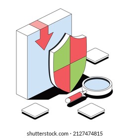 Setup Box, find magnifying glass, shield. Vector 3d sketch line isometric style, color icon illustration. Creative design idea and infographics elements.