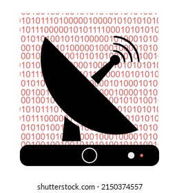 Cuadro de configuración con antena parabólica. Dish satelital que recibe el concepto de señales de código binario. Ilustración de estilo plano. 
