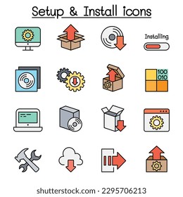 Setup, configuration, maintenance and  Installation color line icon set