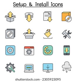 Conjunto de iconos de línea de color de instalación, configuración, mantenimiento e instalación