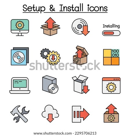 Setup, configuration, maintenance and  Installation color line icon set