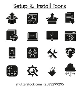 Setup , configuration, maintenance and Installation icon set in glyph style