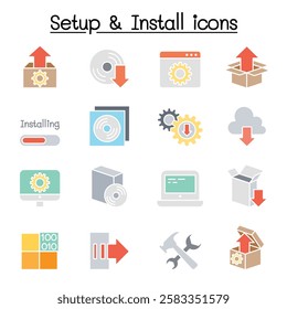 Setup, configuration, maintenance and Installation icon set  in flat color style