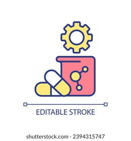 Setup drugs development RGB color icon. Technology of pharmacy and chemistry. Medical remedy manufacturing. Isolated vector illustration. Simple filled line drawing. Editable stroke