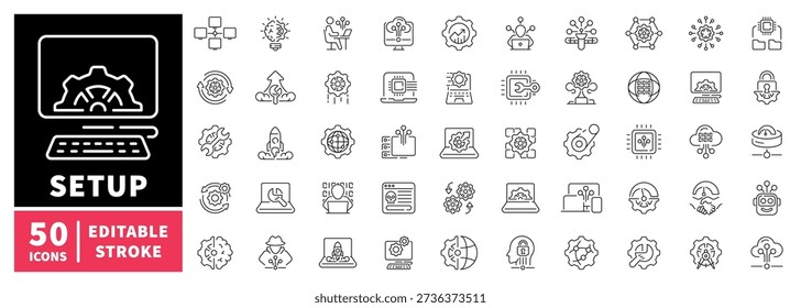 Setup editable line icons set. configuration and tools collection