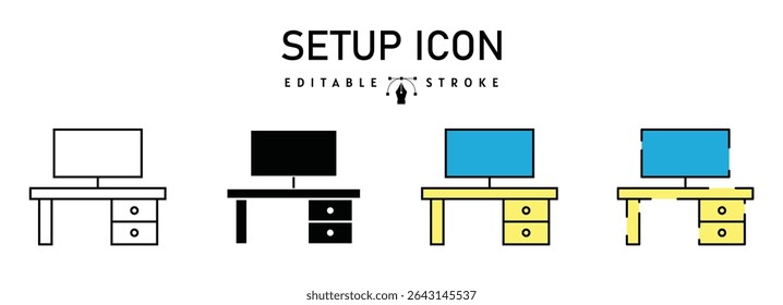 setup Icon Set study table furniture in Various Styles vector illustration. two colored and black Desk with monitor vector icons designed in filled, outline, line and stroke style used for web,