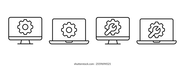 Conjunto de Vectores de iconos de configuración. Monitor, Símbolo del ordenador portátil. Signo de Configuraciones de esquema