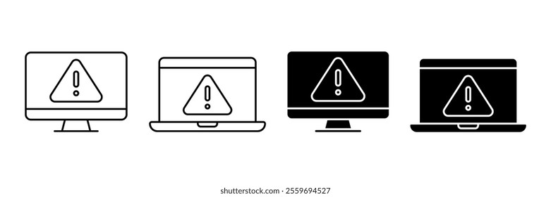 Conjunto de Vectores de iconos de configuración. Monitor, Símbolo del ordenador portátil. Signo de atención de esquema