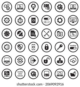 Setup, Installation And Configuration Icons. Black Flat Design In Circle. Vector Illustration.