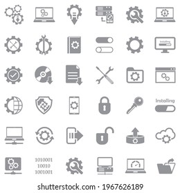 Setup, Installation And Configuration Icons. Gray Flat Design. Vector Illustration.