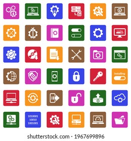 Setup, Installation And Configuration Icons. White Flat Collection In Square. Vector Illustration.