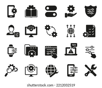 Setup, Repair and Settings Black Icon Set. Tech Support, Settings and Options Silhouette Icon. Gear, Screwdriver and Wrench Icons. Isolated Vector illustration.