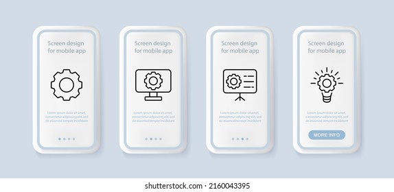 Setup set icon. Gear, lamp, configurations, adjuster, layout, project, implementation. Problem solving concept. UI phone app screens with people. Vector line icon for Business