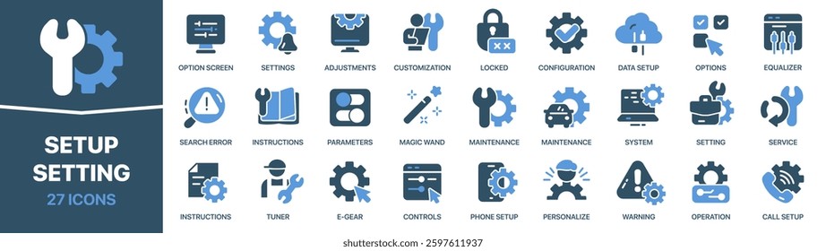 Setup and setting colored signed icon collection. Option, customization, instruction, system, service icons. UI icon set. Colored icons pack. Vector illustration