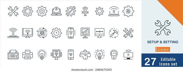 Setup and setting editable stoke line icons. for update, download, mechanism, interface, instrument, more vector illustration.