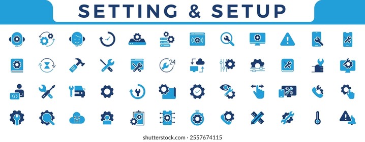 Setup and setting icon set. Outline icon collection.Operation, gear, processing, tools icons. Solid vector icons collection.