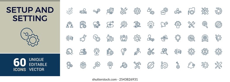 Setup and Setting line icon collections. Includes thin line parameters, productivity, service, operation, engineer and more. Thin outline icons pack. Vector icons editable stroke.