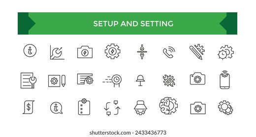 Configuración y configuración de la colección de iconos de línea. Operación, engranaje, procesamiento, herramientas iconos. Conjunto de iconos de IU.