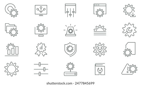 Configurar y establecer iconos de línea establecidos. Operación, engranaje, procesamiento, herramientas, opciones de instalación, colección de iconos de algoritmos. Paquete de iconos de esquema delgado de UI