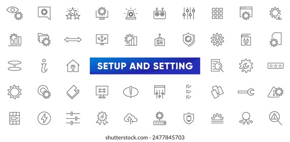 Setup and setting line icons set. Operation, gear, processing, tools, installing options, algorithm icons collection. UI thin outline icons pack
