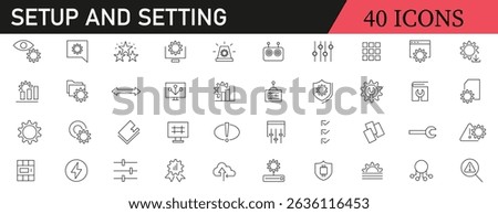 Setup and setting related icon collections. Containing gear, configuration, tools, system, adjust, preferences, control, customization, maintenance, and options icons. Editable Stroke. Outline icons.