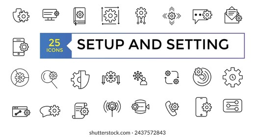 Conjunto de configuración y configuración, iconos de línea vectorial relacionados con engranajes. Contiene iconos como ingeniería, procesos, configuración y más. Ilustración de vector