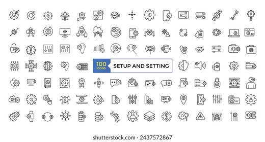 Setup and setting set, Gear Related Vector Line Icons. Contains such Icons as Engineering, Process, Settings and more. Vector illustration