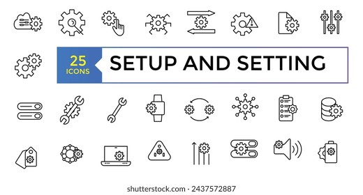 Conjunto de configuración y configuración, iconos de línea vectorial relacionados con engranajes. Contiene iconos como ingeniería, procesos, configuración y más. Ilustración de vector