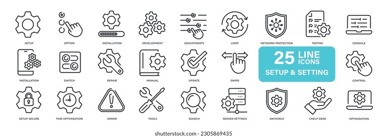 Configurar y configurar iconos de línea delgada. Para diseño de marketing de sitios web, logotipo, aplicación, plantilla, ui, etc. Ilustración vectorial.