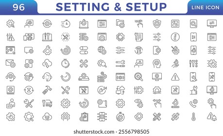 Setup and setting thin line icons.Outline icon collection.Operation, gear, processing, tools icons. UI icon set