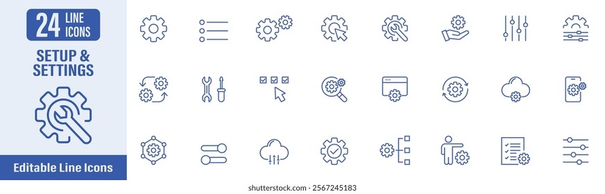 Setup and Setting web icons in line style. Setup, setting, options, configuration, preferences, adjustments, operation, gear, control panel, equalizer and more. Vector illustration.