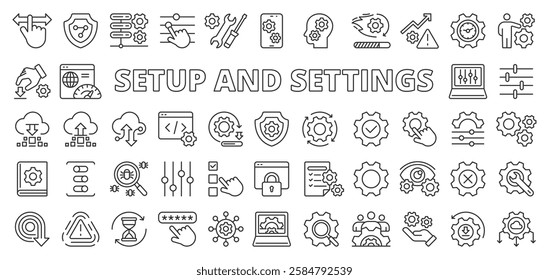 Setup and settings icons in line design. Setup, settings, configuration, preferences, system, options, customization on white background vector. Setup and settings editable stroke icons