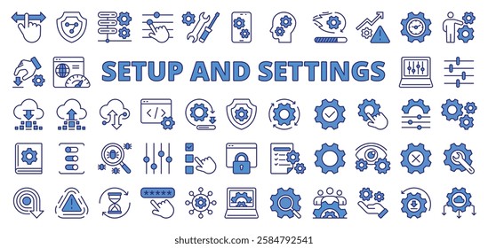 Setup and settings icons in line design blue. Setup, settings, configuration, preferences, system, options, customization on white background vector. Setup and settings editable stroke icons