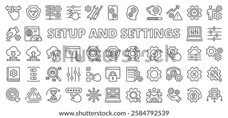 Setup and settings icons in line design. Setup, settings, configuration, preferences, system, options, customization on white background vector. Setup and settings editable stroke icons