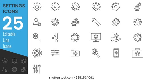 Setup and Settings Icons Set. Collection of simple linear web icons such Installation, Settings, Options, Download, Update, Gears and others and others.