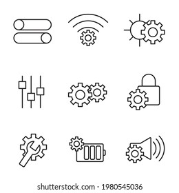 Los iconos de configuración y configuración se establecen. El programa de instalación y la configuración emiten elementos vectoriales para la web infográfica.