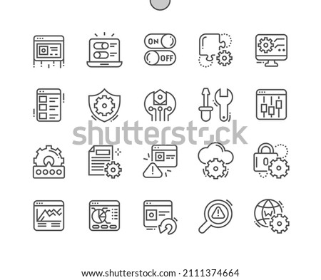 Setup and settings. Settings on computer. Customization tools. Memory monitoring app. Internet setup. Pixel Perfect Vector Thin Line Icons. Simple Minimal Pictogram