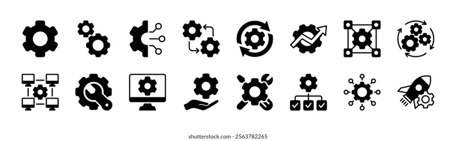 Setup and settings system icon vector set. Containing options, configuration, technology, process, maintenance, installation, engineering, mechanism, customization, optimization