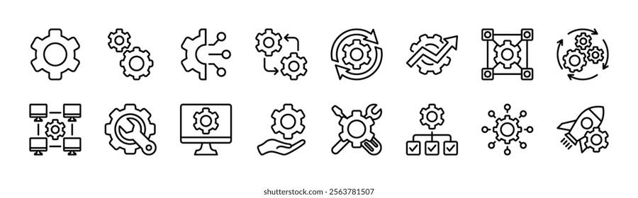 Setup and settings system thin line icon set. Contains options, configuration, technology, process, maintenance, installation, engineering, mechanism, customization, optimization. Vector illustration