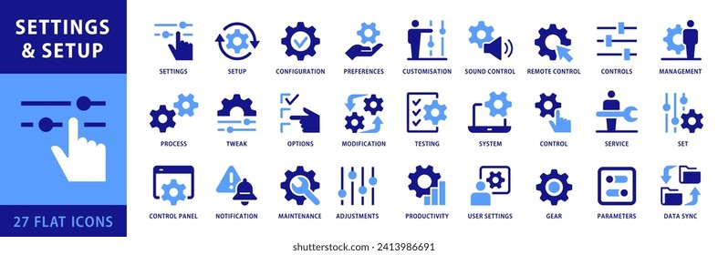 Setup and Settings, vector icon set. Management, Options, Configuration, Controls, Customisation, Preferences, Setup, Control Panel, Equalizer, Set, Service Icons. Two Tones Flat Style Icon Collection