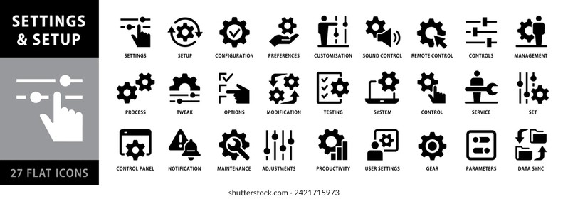 Configuración y configuración, conjunto de iconos vectoriales. Iconos de administración, opciones, configuración, controles, configuración, panel de control, ecualizador, conjunto, servicio y productividad. Iconos de estilo negro plano