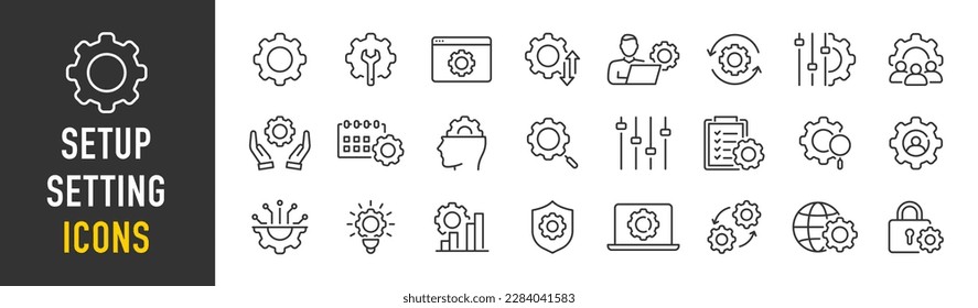 Setup and Settings web icons in line style. Options, download, update, configuration, gears, optimization, collection. Vector illustration.