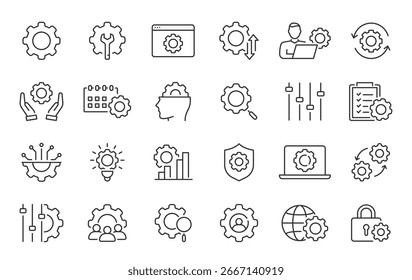 Setup and Settings web icons in line style. Options, download, update, configuration, gears, optimization, collection. Editable stroke. Vector illustration.