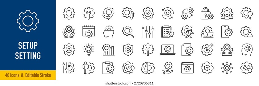 Websymbole für Einstellungen und Einstellungen im Linienstil. Optionen, herunterladen, aktualisieren, Konfiguration, Zahnräder, Optimierung, Sammlung. Bearbeitbarer Strich. Vektorgrafik.