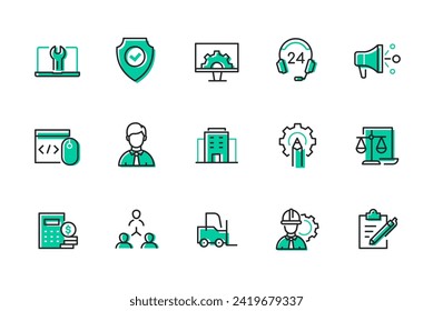 Setup and technical support - set of line design style icons isolated on white background. High quality images of gear, law, business, finance, communication between people and employees idea