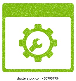 Setup Tools Calendar Page grainy textured icon for overlay watermark stamps. Flat symbol with scratched texture. Dotted vector eco green ink rubber seal stamp with grunge design on a white background.