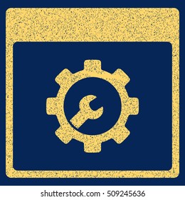 Setup Tools Calendar Page grainy textured icon for overlay watermark stamps. Flat symbol with scratched texture. Dotted vector yellow ink rubber seal stamp with grunge design on a blue background.