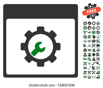 Setup Tools Calendar Page icon with bonus configuration symbols. Vector illustration style is flat iconic symbols, green and gray, white background.