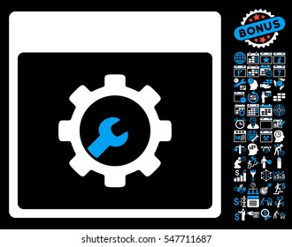 Setup Tools Calendar Page icon with bonus calendar and time management design elements. Vector illustration style is flat iconic symbols, blue and white, black background.