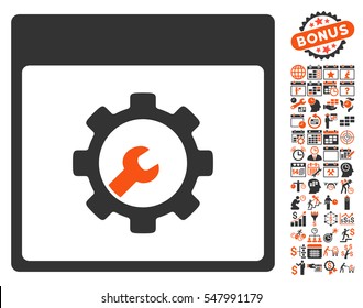 Setup Tools Calendar Page icon with bonus calendar and time management images. Vector illustration style is flat iconic symbols, orange and gray, white background.